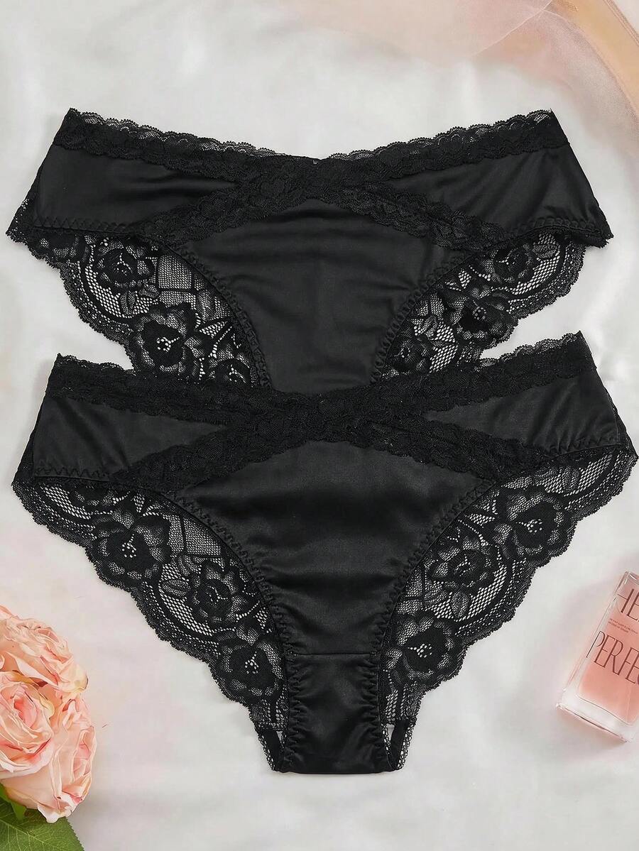 SHEIN Women's 2pcs Charming Black & Red Heart Lace Criss-Cross Mesh Rose Design Series Triangle Panties - Black - View 1