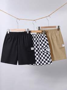 SHEIN 3件組兒童青少年男孩買1送2套裝休閒學院風舒適格紋印花寬鬆梭織短褲、運動長褲、工裝褲，Y2k風格，適合春夏季、外出、情人節、約會、旅行、度假、家庭聚會、開學季 - 彩色 - 查看 4