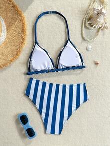 SHEIN Teen Girls Red Striped Pattern Print Bikini Set Simple Swimsuit Beach Vacation Outfit Suitable For Summer - Navy Blue - View 2