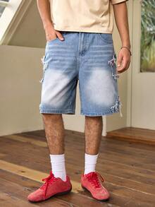 Whitmere American Distressed Five-Pointed Heart Pattern Denim Shorts For Men, Fashionable Frayed Hem Casual Versatile Knee-Length Denim Shorts, Streetwear Jeans, Versatile Street Style, Breathable Casual Shorts For Summer Commute - Blue - View 4