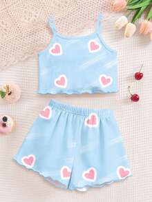 Young Girl Letter Cartoon Print Camisole Top And Shorts Casual Daily Home Pajama Set - Multicolor - View 2
