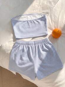 Conjunto de camiseta de tirantes con estampado de dibujos animados simple y casual para niñas preadolescentes, adecuado para el verano - Multicolor - Ver 2