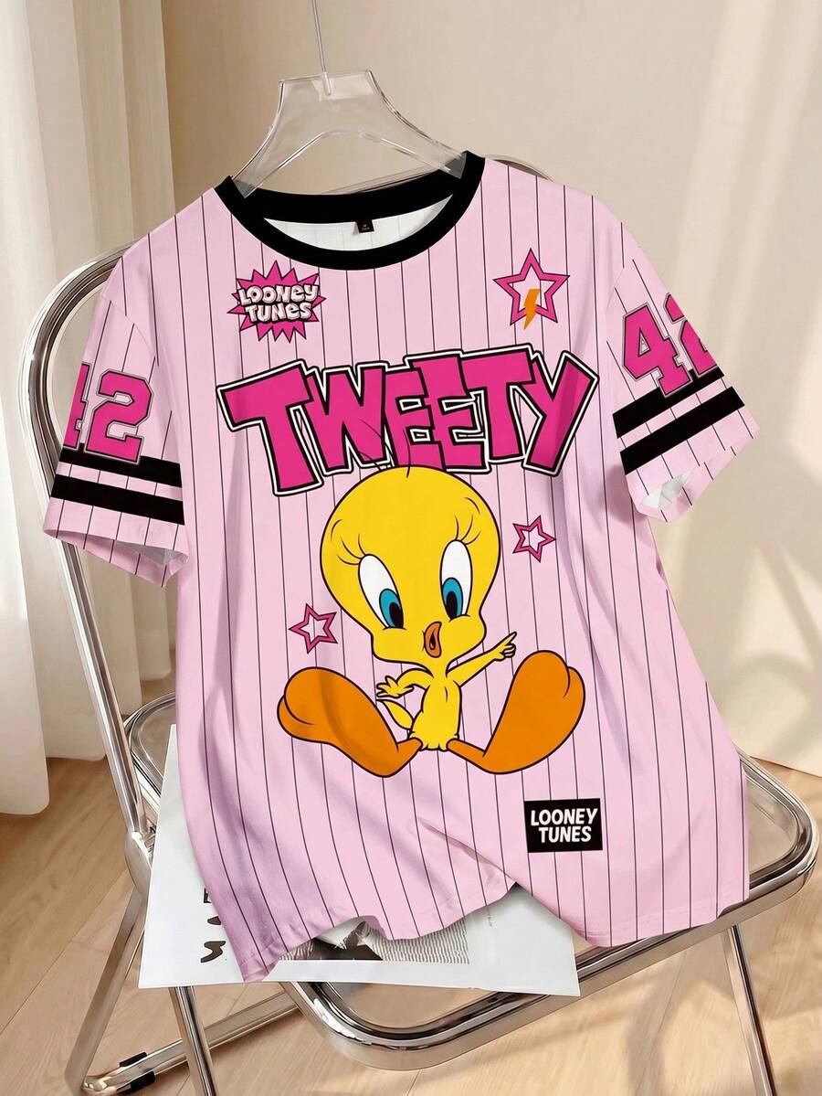 LOONEY TUNES X SHEIN 大码夏季休闲条纹字母和卡通图案短袖T恤 - 白色 - 查看 1