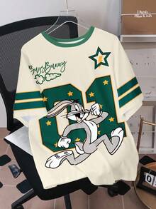 LOONEY TUNES X SHEIN 男士休闲日常通勤时尚街头运动趣味卡通兔子、数字、星星印花宽松短袖T恤，夏季 - 白色 - 查看 3