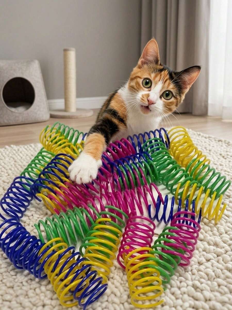 PETSIN 宠物猫自娱玩具,塑料彩色弹簧弹跳互动猫玩具,猫咪用品,猫咪螺旋弹簧/纸质褶皱玩具,2/4/8/10/12/20/30/40/50/60 片装,创意玩具,消磨时间,保持健康,耐用塑料彩色玩具,适合拍打、啃咬、追逐,适合猫咪,情人节猫狗礼物 - 彩色 - 查看 1