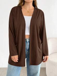 SHEIN Essnce Plus-Size Women's Spring/Summer Fashion Casual Loose Comfortable Basic Versatile Long-Sleeved Black Cardigan,Spring Outfits,Simple Style ,Work Tops - Brown - View 4