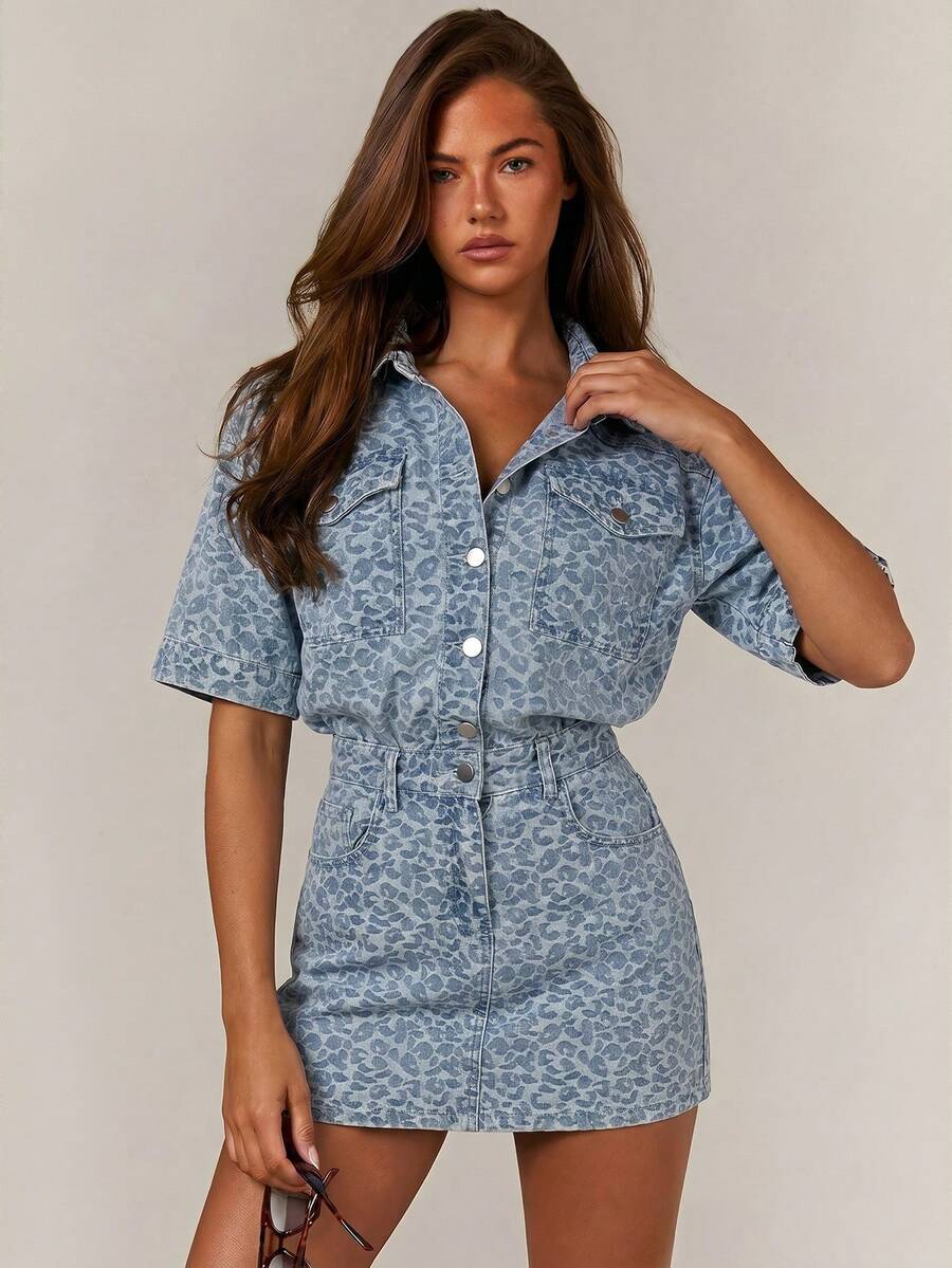 Athîral Denim 女款牛仔豹紋短洋裝 - 淺色水洗藍 - 查看 1