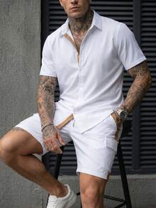 Manfinity CasualCool 男士多色襯衫套裝，白色拼接面料，春夏季成熟休閒短袖襯衫與短褲套裝 - 彩色 - 查看 1