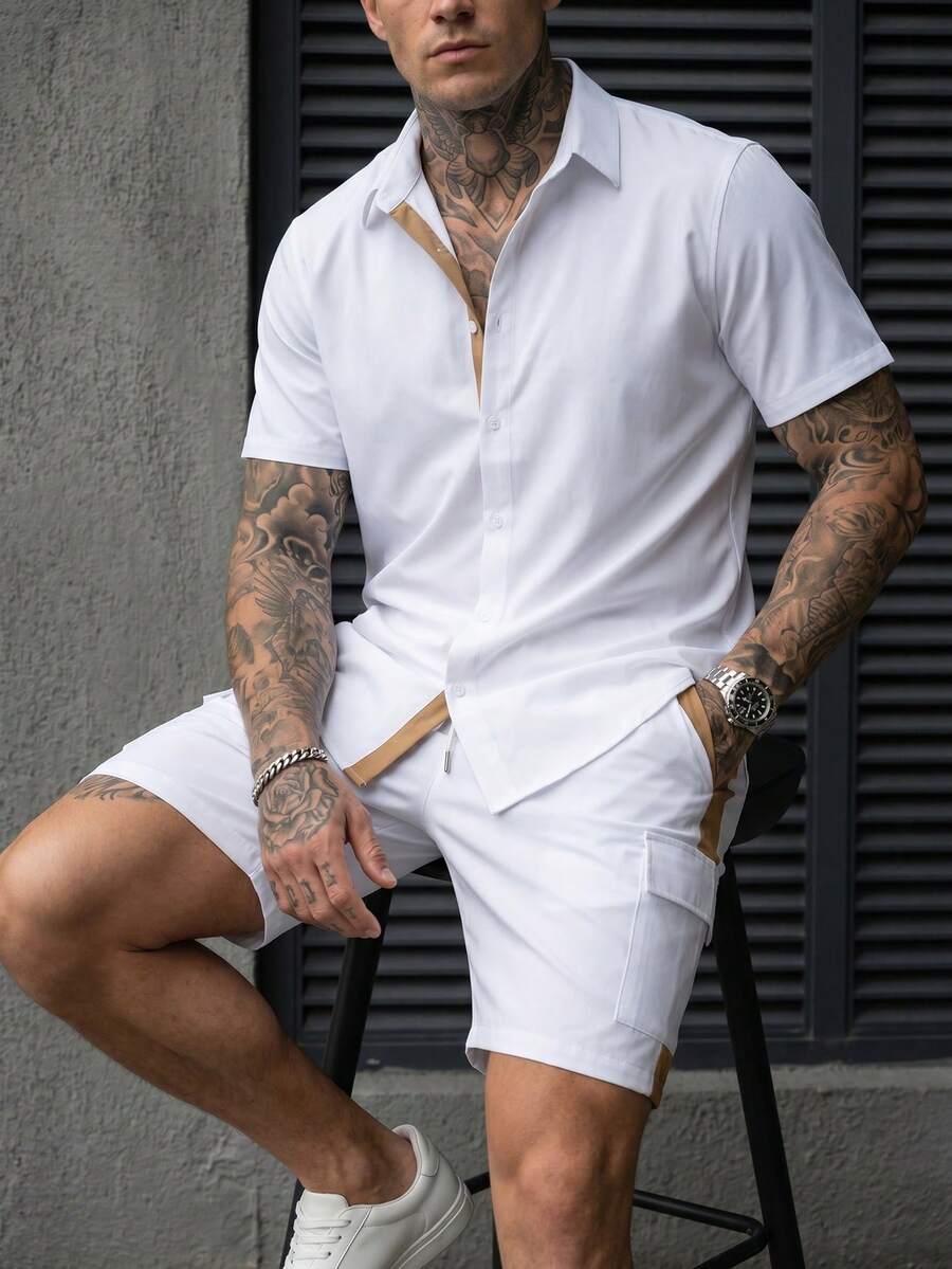 Manfinity CasualCool 男士多色襯衫套裝,白色拼接面料,春夏季成熟休閒短袖襯衫與短褲套裝 - 彩色 - 查看 1