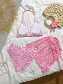 SHEIN 3件套少女泳衣，粉色豹纹印花，休闲度假风，适合海滩、夏季假期、游泳派对、泳池、河流等场合。 - 粉色 - 查看 3