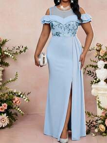 Fleurora Plus Size Light Blue Dress,Elegant Sequin Patchwork Off-Shoulder Maxi Gown,Summer Spring Wedding Guest Dress For Women,Formal Evening Party Dress - Blue - View 5