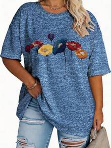 EMERY ROSE Plus Size Vintage Elegant Floral Print Casual Loose Mid-Length Short Sleeve Round Neck T-Shirt For Women Bussines Dinner Baby Blue Summer - Blue - View 1