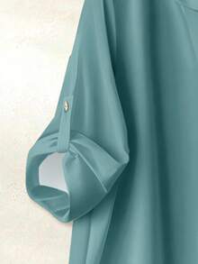 Casual Solid Color Notched Neck Roll-Up Sleeve Top And Elastic Waist Pants Set,Cozy Fall Winter Clothes For Women New Year Elegant Blouse Shirt Sets - Green - View 3