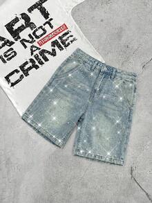 SHEIN Young BoyGlitter Letter Rhinestone Decor Loose Fit Blue Denim Shorts - Light Wash - View 7
