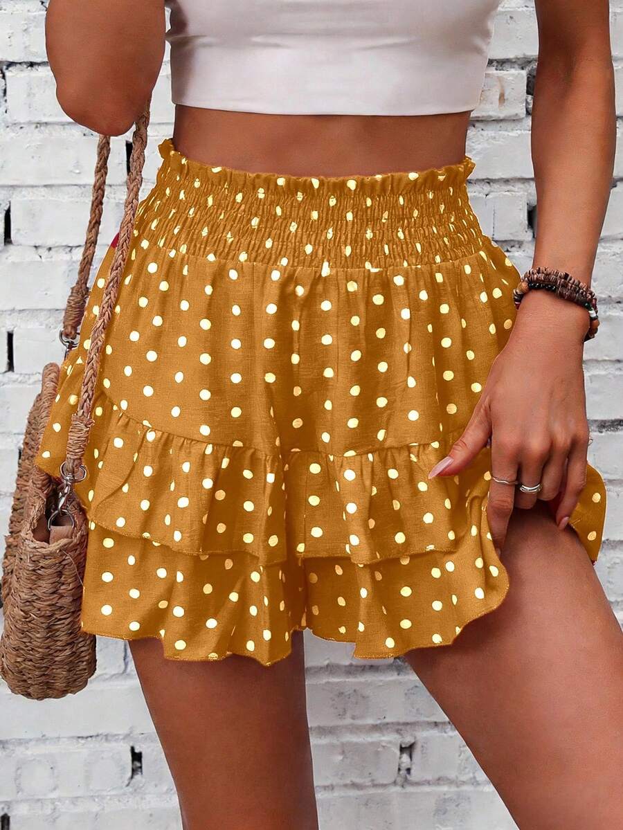 SHEIN Holidaya Waist Gathered Faux Linen Printed Double Layer Ruffle Skort - Orange - View 1