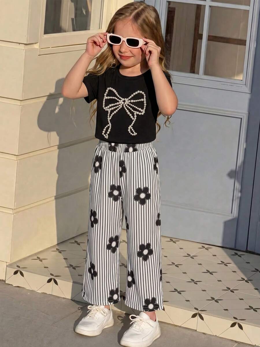 SHEIN Genkimix Kids 少女仿珍珠蝴蝶結裝飾短袖T恤與長褲休閒兩件套 - 黑與白 - 查看 1