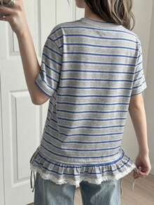 DAZY Women's Summer Casual Striped Ruffle T-Shirt Back-To-School Brunch School Grey - Grey - View 3