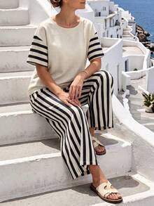 Ceyna Casual Slouchy Patchwork Striped Short Sleeve Set Women Plus Size Round Neck Loose Top High Waist Vertical Striped Wide Leg Pants 2-Piece Set - Multicolor - View 4