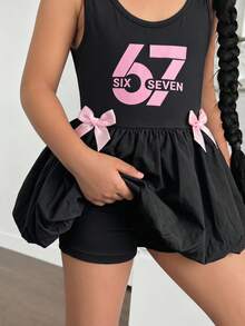 SHEIN 少女可愛夏季粉色針織拼接鏤空無袖洋裝 母女套裝 (2件套分開販售) - 黑色 - 查看 3