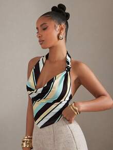 Hauture Women's Striped Asymmetric Hem Draped Neck Ruffle Top - Multicolor - View 3