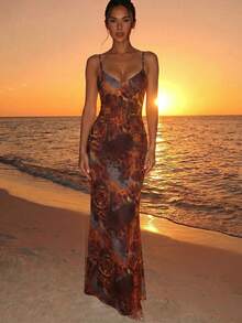 Aloruh 夏季性感優雅棕色豹紋印花度假細肩帶綁帶貼身性感印花女裝洋裝，棕色豹紋印花洋裝，適合夏季度假、派對、日常出遊、約會，老錢風洋裝 - 棕色 - 查看 3