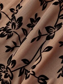 ROMWE Đầm midi nữ phong cách hippie western màu nâu đen, họa tiết hoa nhung, dây quai mảnh, dáng ôm, gấu váy bất đối xứng - màu nâu - Xem 4