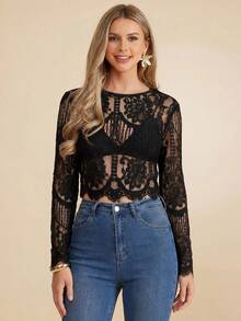 SHEIN Clasi Women's Lace Sexy Versatile Date & Outing Long Sleeve Top - Black - View 6