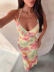 Aloruh 女款珠飾裝飾心形領口網格印花超長美人魚裙 - 彩色 - 查看 2