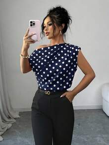 SHEIN Elenzya 女款優雅波點無袖上衣，露肩領垂墜休閒通勤上班上衣，時尚寬鬆版型正式辦公襯衫 - 藏蓝色 - 查看 6