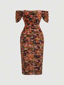 Vestido largo ajustado con hombros descubiertos y estampado floral colorido, adecuado para primavera/verano, citas, jardín, fiestas, invitados de boda,é de la tarde - Naranja - Ver 6