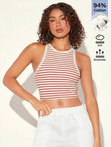 SHEIN BASICS Women's Striped Colorblock Fitted Versatile Daily Outing Top - Red - View 7