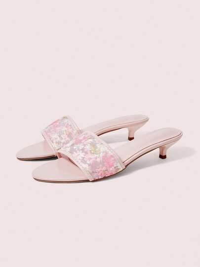 CUCCOO DOLLMOD Sandal gót nhọn lưới hồng thêu hoa, dép sục nữ phong cách ngọt ngào