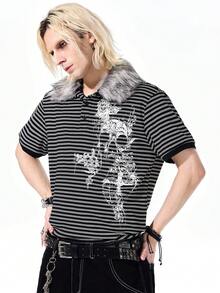 ROMWE MEN Casual 男士條紋骷髏印花短袖休閒通勤 Polo 衫 - 黑色 - 查看 4