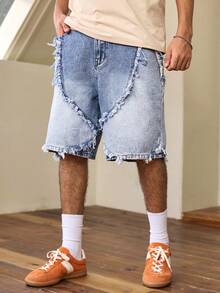 Whitmere Loose Fit Wide Leg Denim Shorts, Y2K Baggy Mid-Length Jeans Shorts, Casual Street Style, Cotton Side Pockets Denim Shorts For Summer - Blue - View 4
