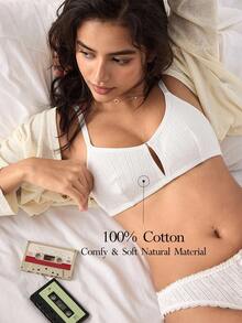 Ocili 100% Cotton Soft Jacquard Minimalist Bohemian Solid Color Comfortable Women Bra Underwear - White - View 2