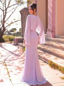Aureia 优雅浪漫时尚的紫色雪纺面料扭结装饰鱼尾下摆长款正式派对礼服、婚礼宾客礼服、紫色连衣裙、节日礼服、伴娘礼服 - 紫色 - 查看 2