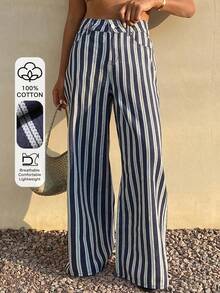 Livesso Women's Casual Striped Wide-Leg Jeans - Navy Blue - View 1