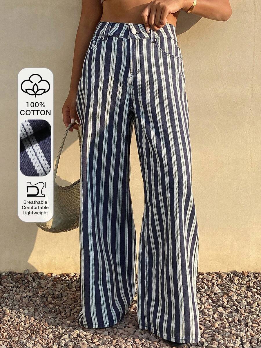 Livesso Women's Casual Striped Wide-Leg Jeans - Navy Blue - View 1
