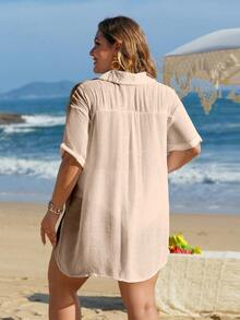 Swim Lushoire Quimono de praia para férias de mulher plus size, abotoadura simples, bainha assimétrica - Damasco - Ver 2