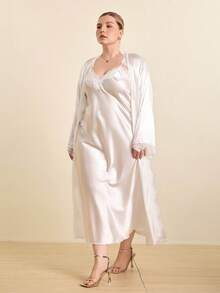 Hourtrue Plus Size White Satin Robe Set, Women Lace Trim Long Kimono Robe And Nightgown 2 Pieces Silk Like Loungewear - White - View 6