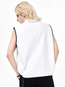 ROMWE MEN Street Life Men's Frog Button Lace Patchwork Contrast Color Fashion Denim Vest - Black and White - View 3