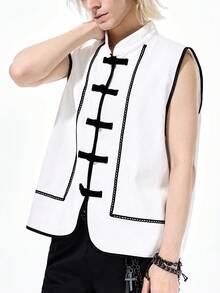 ROMWE MEN Street Life Men's Frog Button Lace Patchwork Contrast Color Fashion Denim Vest - Black and White - View 4