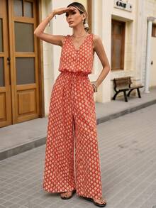 Brillora Women's Beach Vacation Sleeveless Wide Leg Jumpsuit With Allover Print, Spring/Summer - Red - View 5