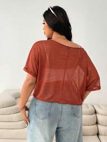 SHEIN EZwear 大尺碼女款素色不對稱肩休閒百搭日常穿搭T恤 - 紅色 - 查看 2