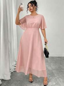 Modelyn Vestido de gasa elegante para mujer talla grande, cuello redondo, mangas acampanadas con volantes, ajustado y drapeado, primavera/verano - Rosa - Ver 1