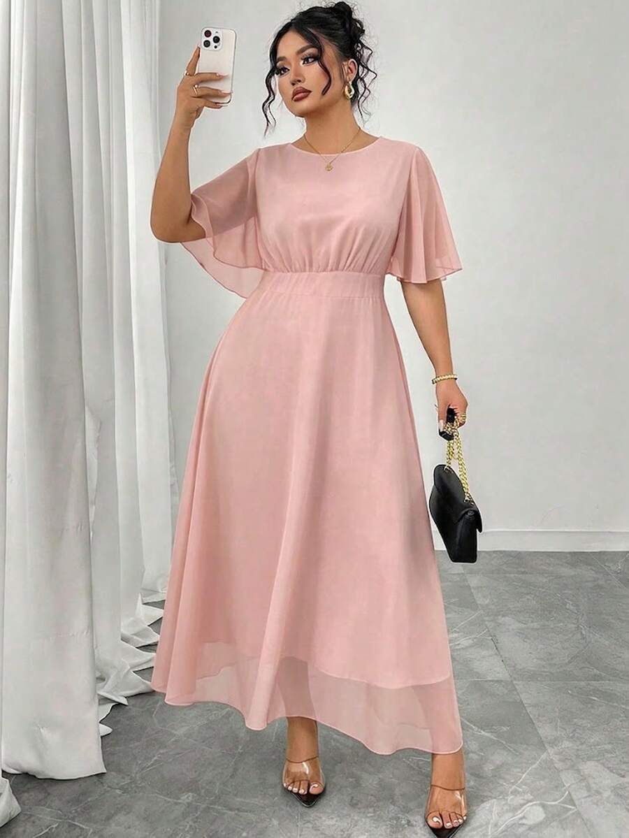 Modelyn Vestido de gasa elegante para mujer talla grande, cuello redondo, mangas acampanadas con volantes, ajustado y drapeado, primavera/verano - Rosa - Ver 1
