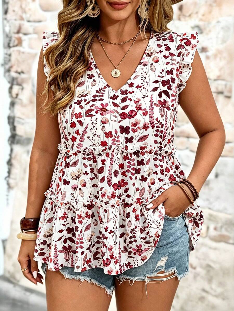 EMERY ROSE Blusa de talla grande tejida con estampado floral, cuello en V, mangas volantes, volantes y patchwork, elegante, para vacaciones, salidas, uso diario, primavera/verano - Rojo - Ver 1