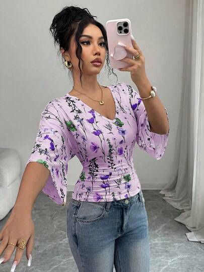 Rafferiza Women's Spring/Autumn Fashion Vacation Party Ditsy Floral Small Flower Short Sleeve Fitted Waist Ruched T-Shirt