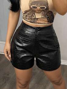 SHEIN SXY Spring Crocodile Print Front Button PU Leather Black Shorts - Black - View 2