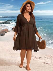 Swim Lushoire V-Neck Lace Patchwork Flare Sleeve Plus Size Cover-Up - Coffee Brown - View 3